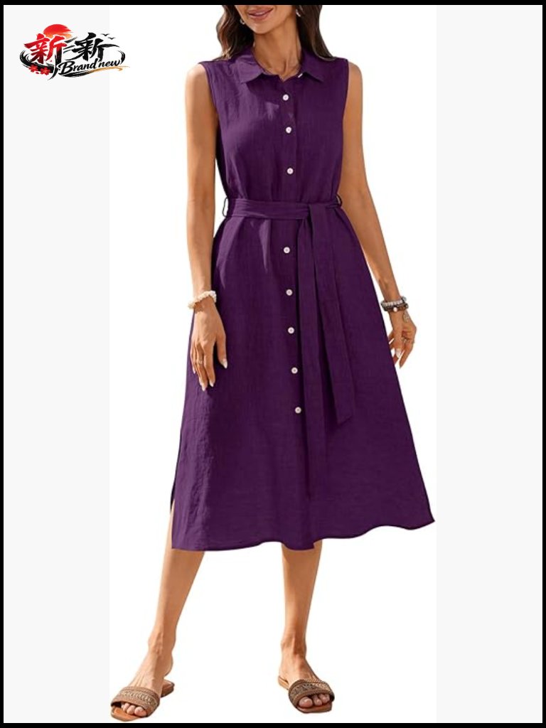 100% Linen Midi Dress Button Down Sleeveless Split Belt With Pockets